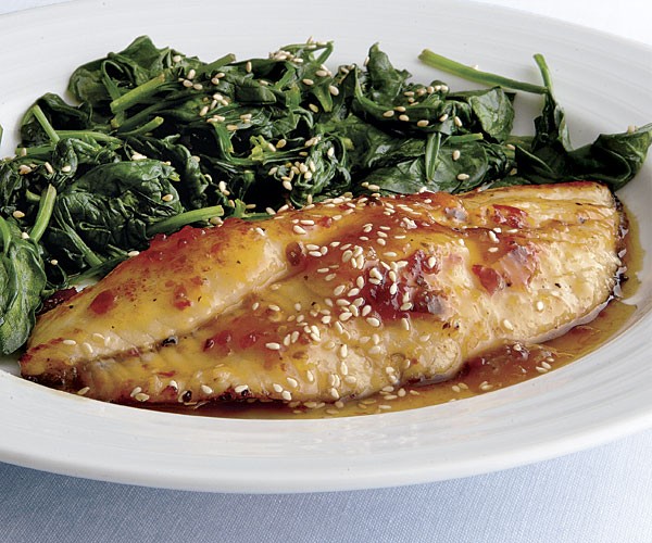 Catfish with apricot-chili glaze and wilted spinach
