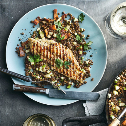 Catfish with sherry vinegar lentils