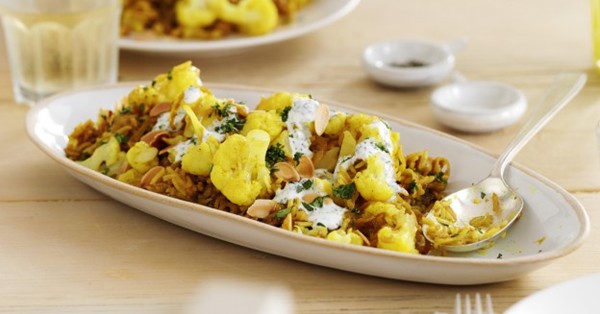 Cauli biryani with herb yoghurt