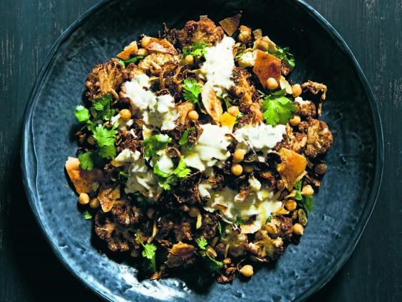 Cauliflower and chickpea salad with almonds, fried onion and sultanas