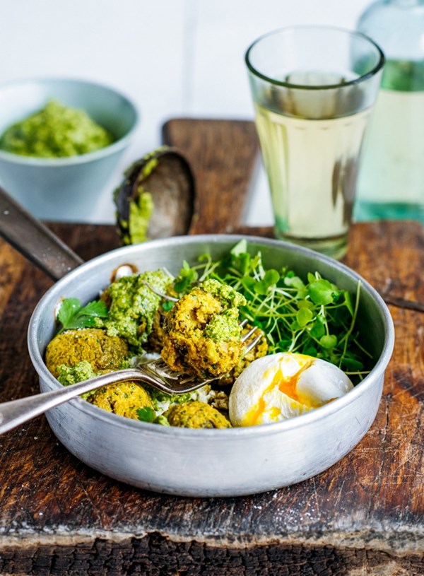 Cauliflower and chickpea vege balls with parsley and coriander pesto