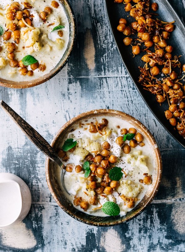 Cauliflower and coconut soup with honey and spice chickpeas