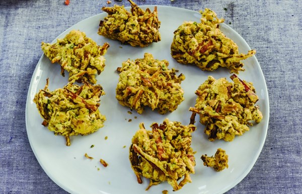 Cauliflower and ginger pakoras with sweet red pepper and coconut chutney