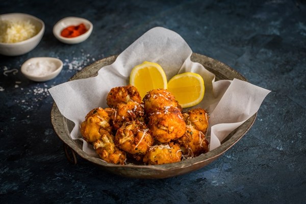 Cauliflower and Le Gruyère AOP fritters with bacon