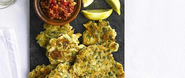 Cauliflower and Manchego fritters with romesco relish