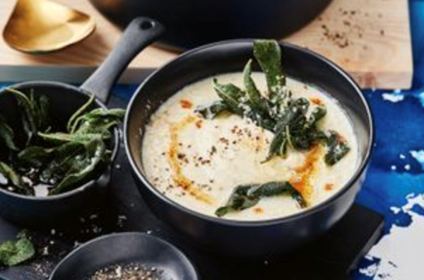 Cauliflower and Parmesan soup with brown butter and sage