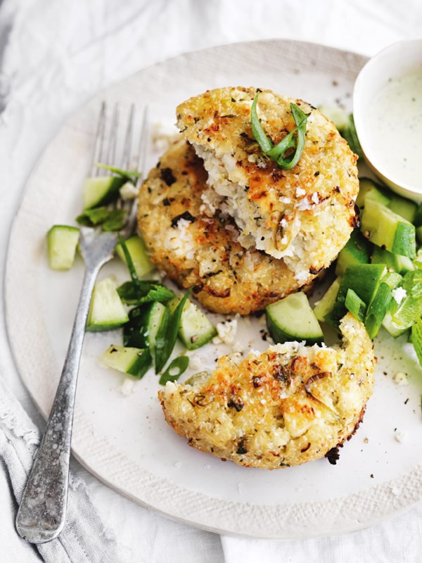 Cauliflower and quinoa patties with tahini-mint sauce