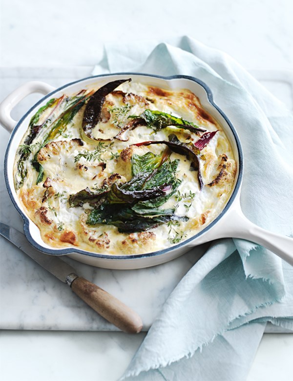 Cauliflower and rainbow chard frittata with lemon and goat's curd