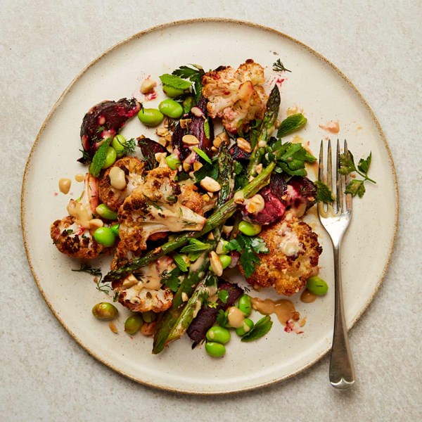 Cauliflower, beetroot and asparagus salad