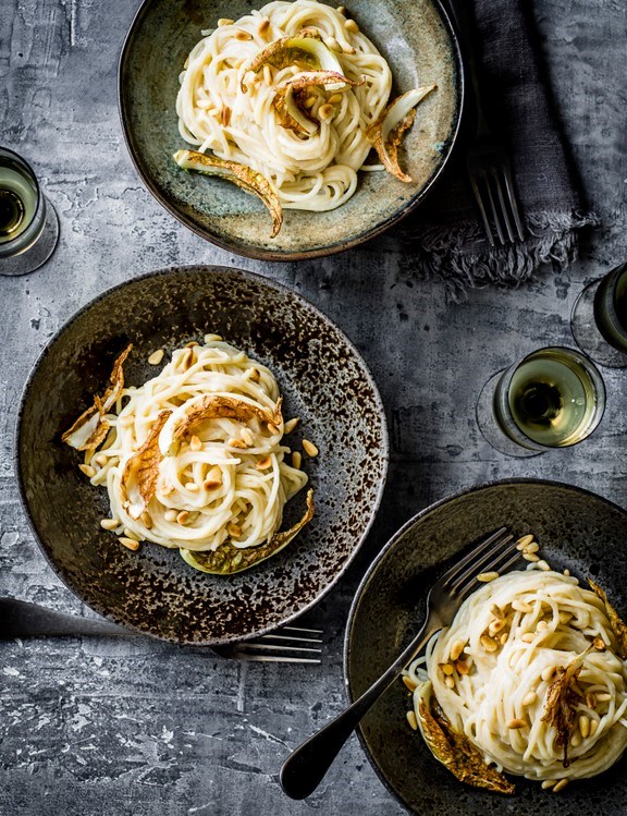 Cauliflower carbonara with roasted leaves and pine nuts