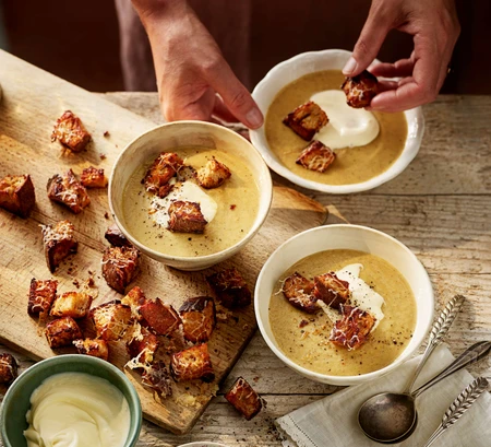 Cauliflower, cheddar and Marmite soup with cheesy Marmite croutons