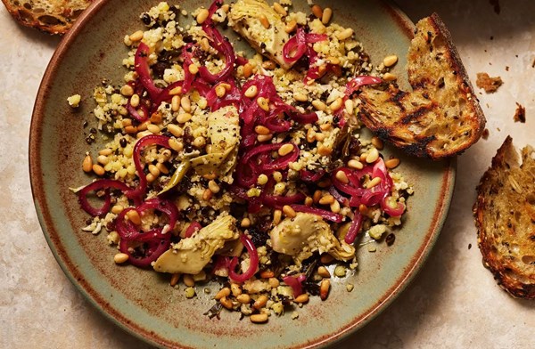 Cauliflower couscous with artichokes & capers