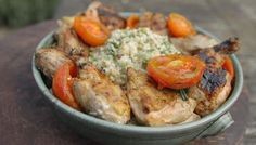 Cauliflower 'couscous' with barbecued chicken and honeyed tomatoes