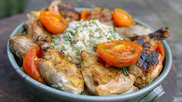 Cauliflower ‘couscous’ with barbecued chicken and honeyed tomatoes