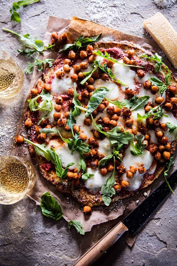 Cauliflower crust pizza with chickpea "pepperoni"