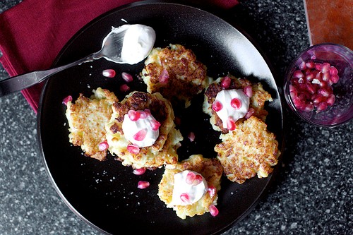 Cauliflower-feta fritters with smoky yogurt, pomegranate