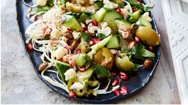 Cauliflower, green olive and pomegranate salad with lemon sumac dressing