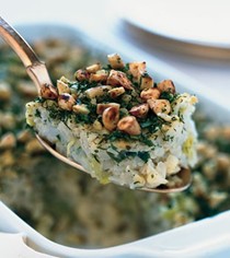Cauliflower-leek kugel with almond-herb crust