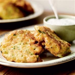 Cauliflower, pecorino and fennel seed fritters with herbed yogurt sauce