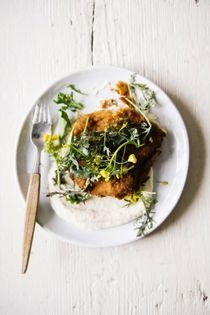 Cauliflower purée with seared pork cutlet