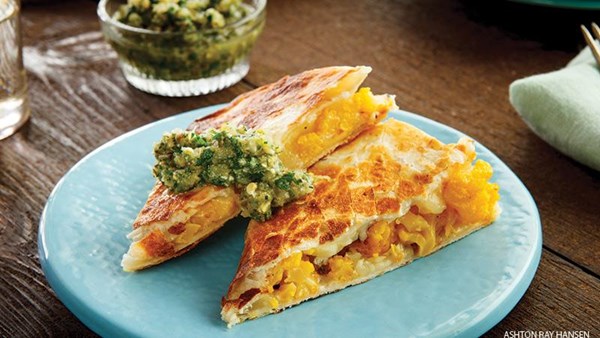 Cauliflower quesadillas with parsley salsa verde