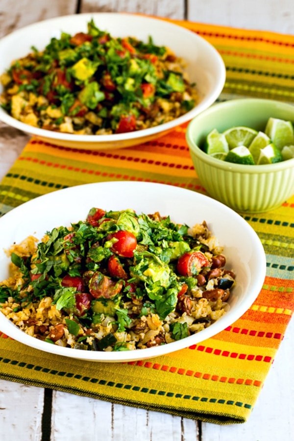 Cauliflower rice and pinto bean vegan burrito bowl 