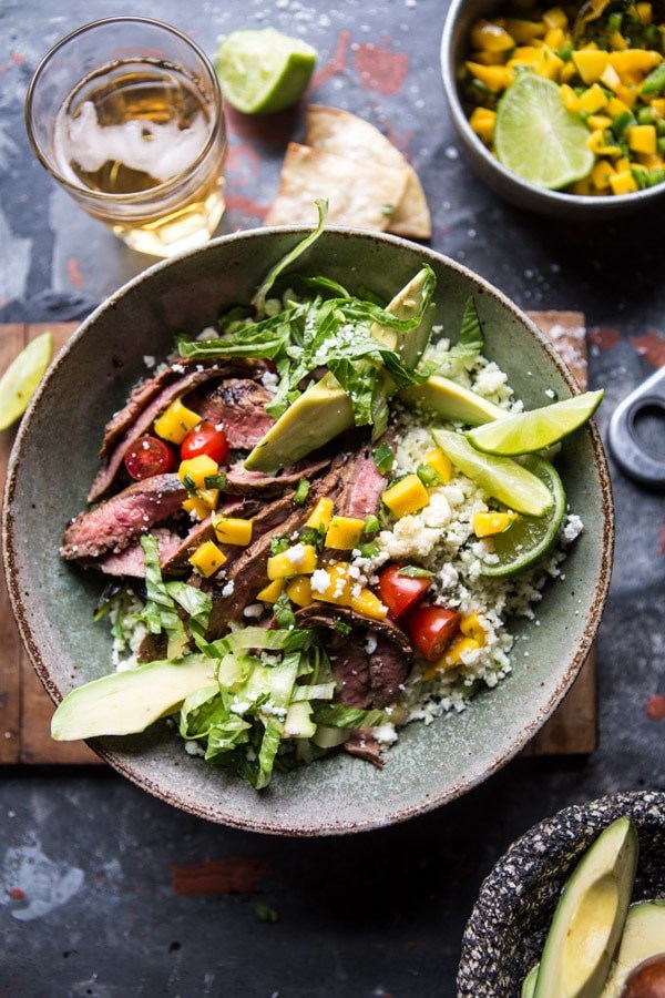 Cauliflower rice carne asada bowls with mango salsa