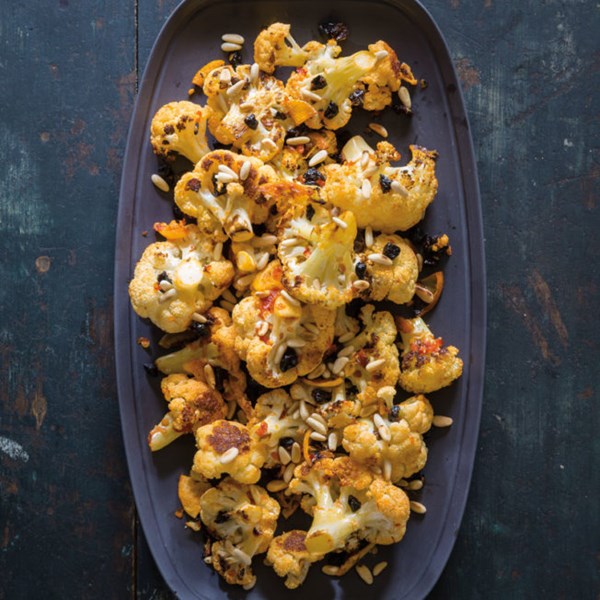 Cauliflower roasted with chile, Meyer lemon, currants and pine nuts