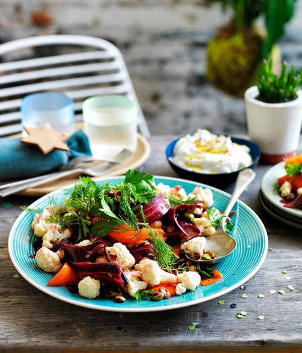 Cauliflower salad with orange and cumin dressing, and buffalo yoghurt