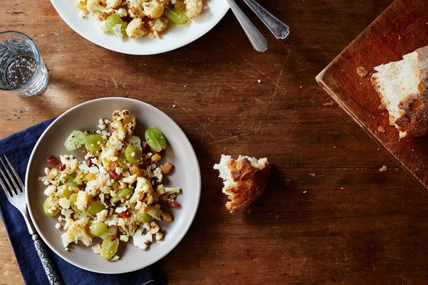 Cauliflower salad with pickled grapes, cheddar cheese & almonds