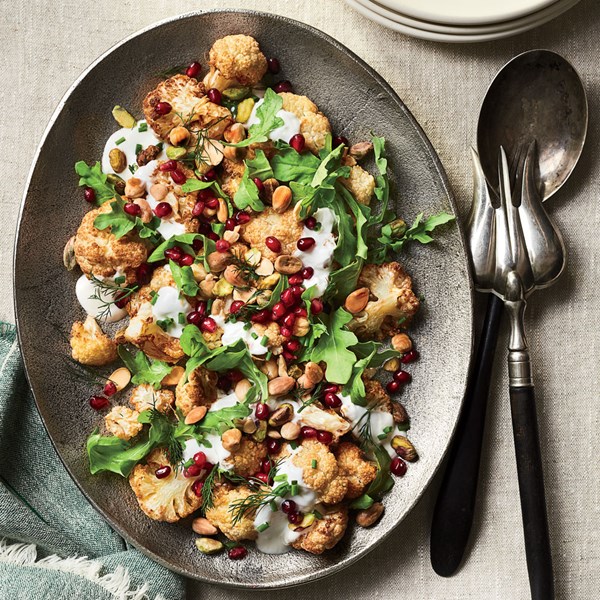Cauliflower salad with yogurt sauce and pomegranate