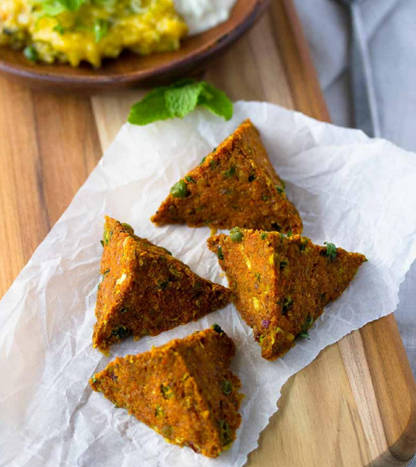 Cauliflower samosas with mango chile chutney and cucumber raita