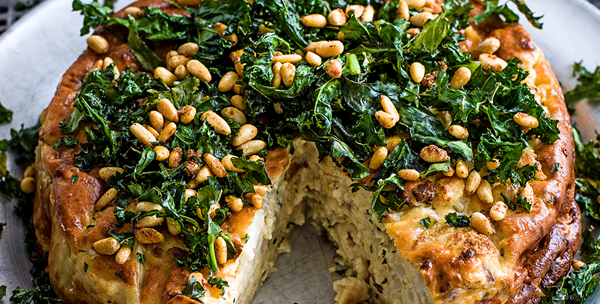 Cauliflower sformato with crispy kale and caramelised pine nuts