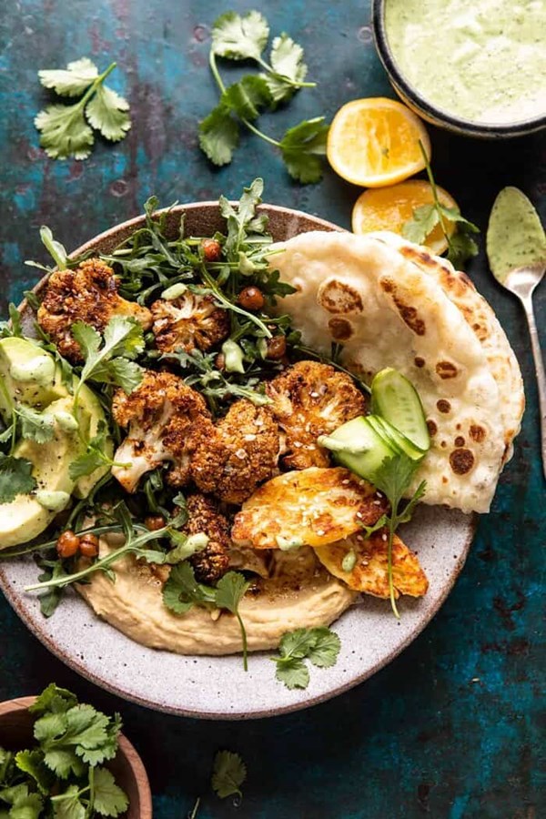 Cauliflower shawarma with green tahini and fried halloumi