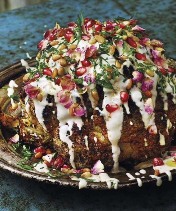 Cauliflower shawarma with pomegranate, pine nuts & rose