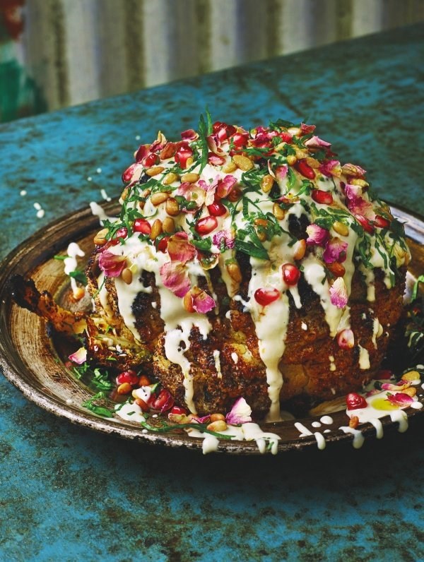 Cauliflower shawarma with pomegranate, pinenuts and rose
