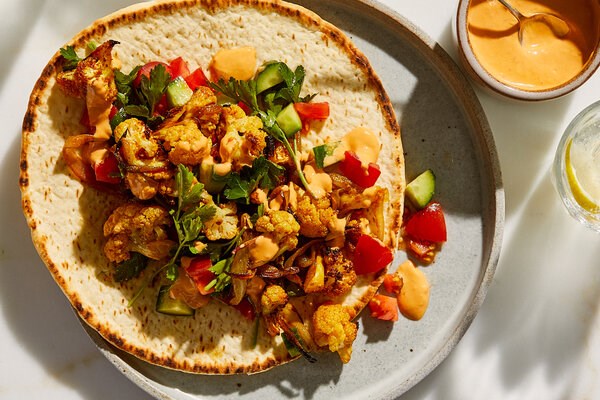 Cauliflower shawarma with spicy tahini