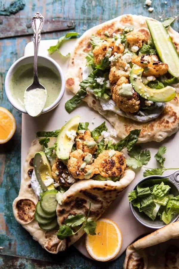 Cauliflower shawarma wraps with green tahini and feta