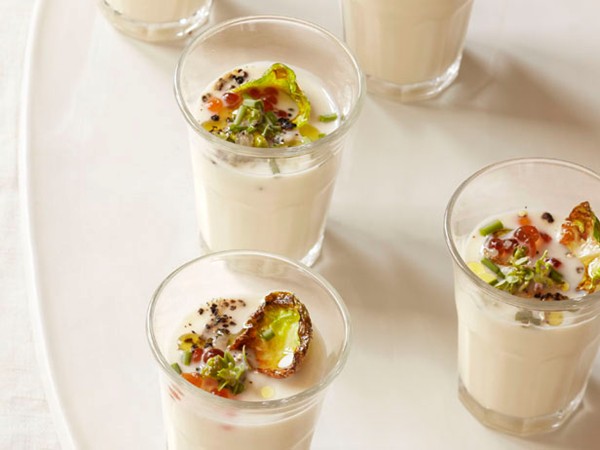 Cauliflower soup, crispy Brussels sprouts and smoky salmon roe