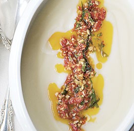 Cauliflower soup with Marcona almond and piquillo pepper relish