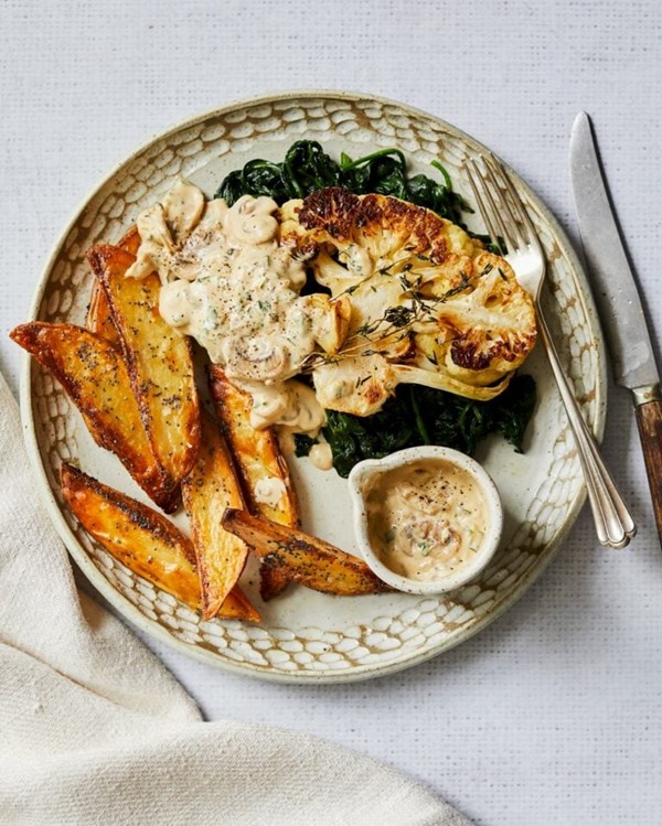 Cauliflower steak Diane with poppy seed wedges 