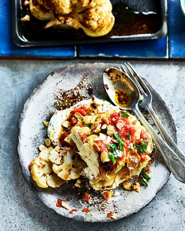 Cauliflower steak with labneh and grated tomatoes