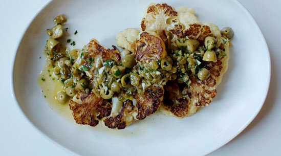 Cauliflower steaks with olive pistou