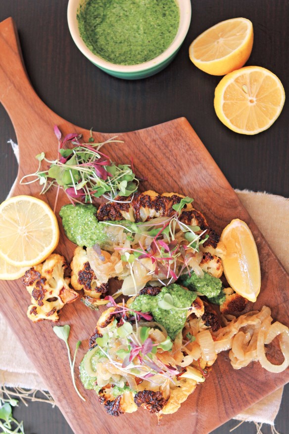 Cauliflower steaks with pesto + grilled onions
