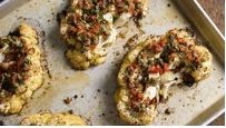 Cauliflower steaks with pickled peppers, capers and Parmesan