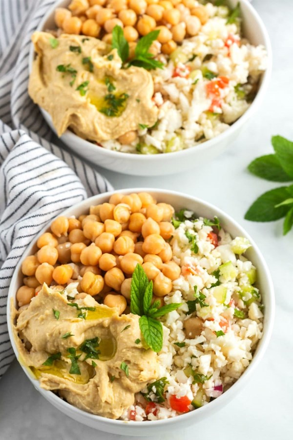 Cauliflower tabbouleh bowls with chickpeas and hummus
