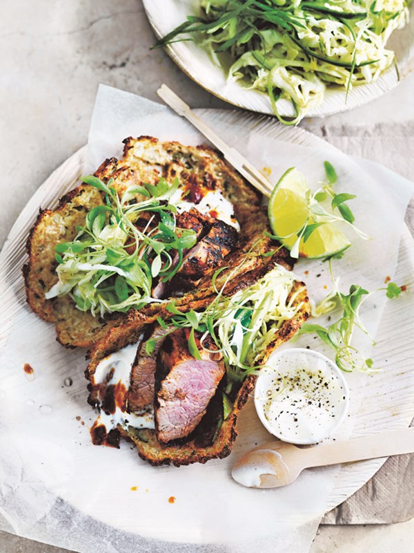 Cauliflower tacos with green slaw and spicy grilled pork
