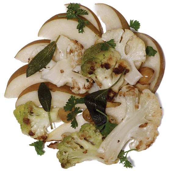 Cauliflower with pears, sage, and hazelnuts