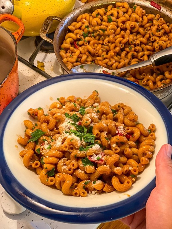 Cavatappi with anchovies, garlic, and red peppers