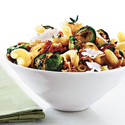Cavatappi with browned Brussels sprouts and buttery breadcrumbs